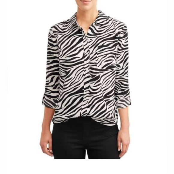 Time And Tru Womens Blouse Black White Zebra Print Long Sleeve Pocket - Picture 1 of 4